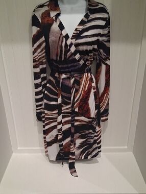 Calvin Klein Long-Sleeve Wrap Dress in Black, White & Brown
